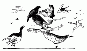 115-cartoon-happy-dancing-women-with-big-hat-perched-birds-goose-public-domain